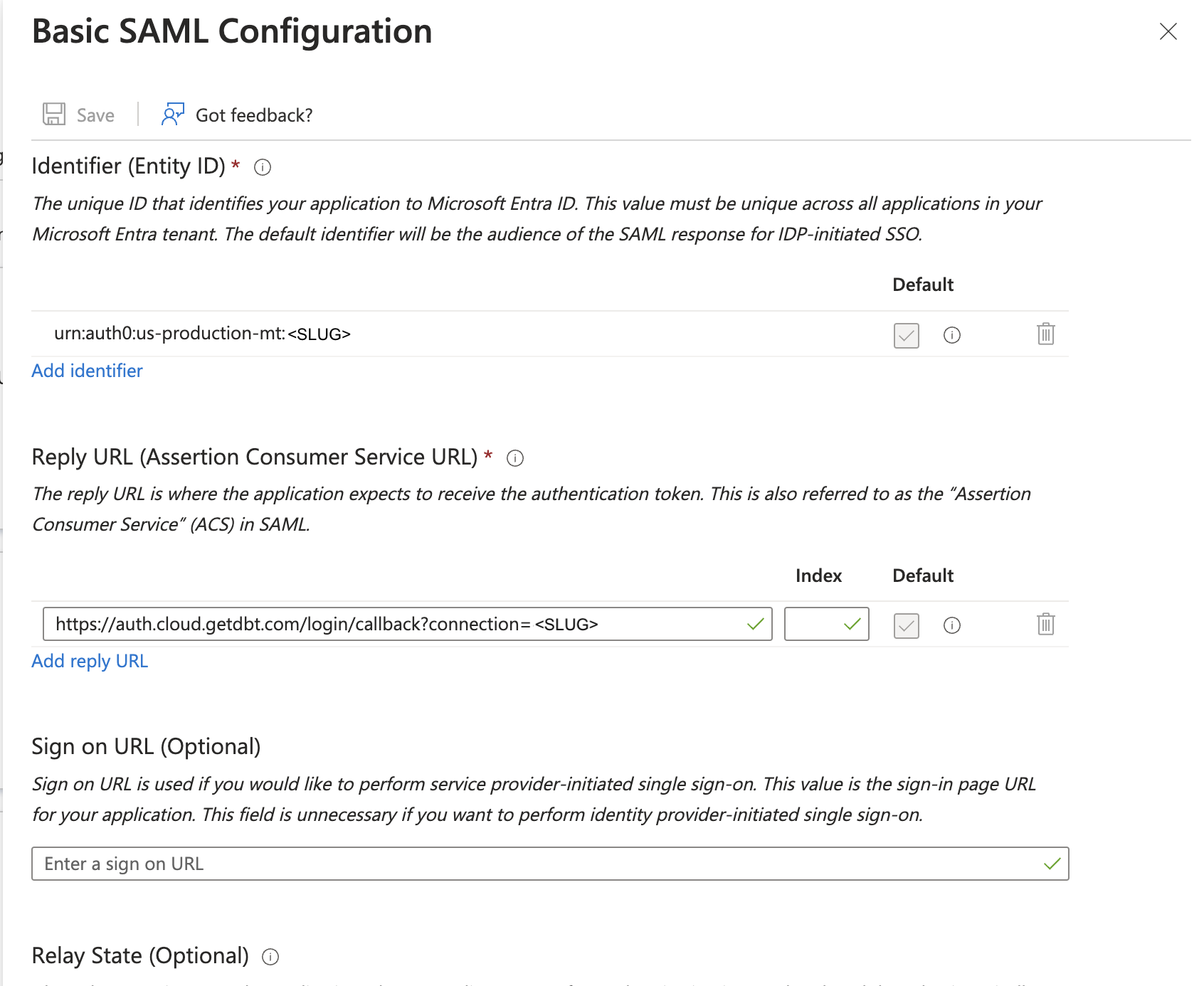 Editing the SAML configuration window in Entra ID Editing the SAML configuration window in Entra ID